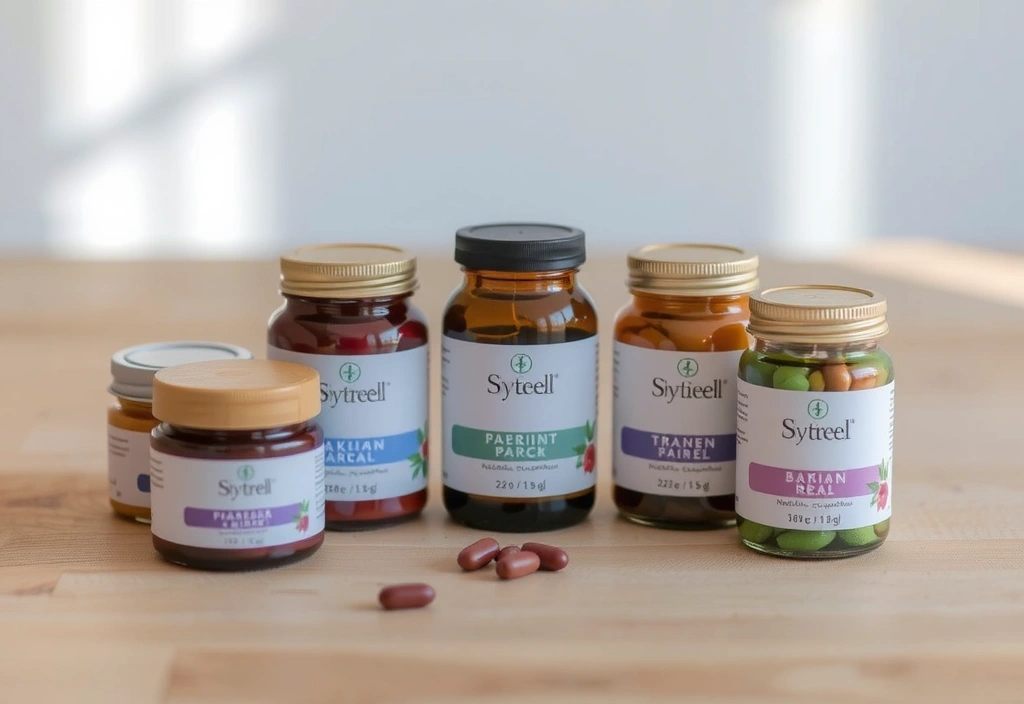 Assortiment de compléments alimentaires naturels dans des emballages élégants et écologiques, reflétant la pureté et l'approche naturelle.