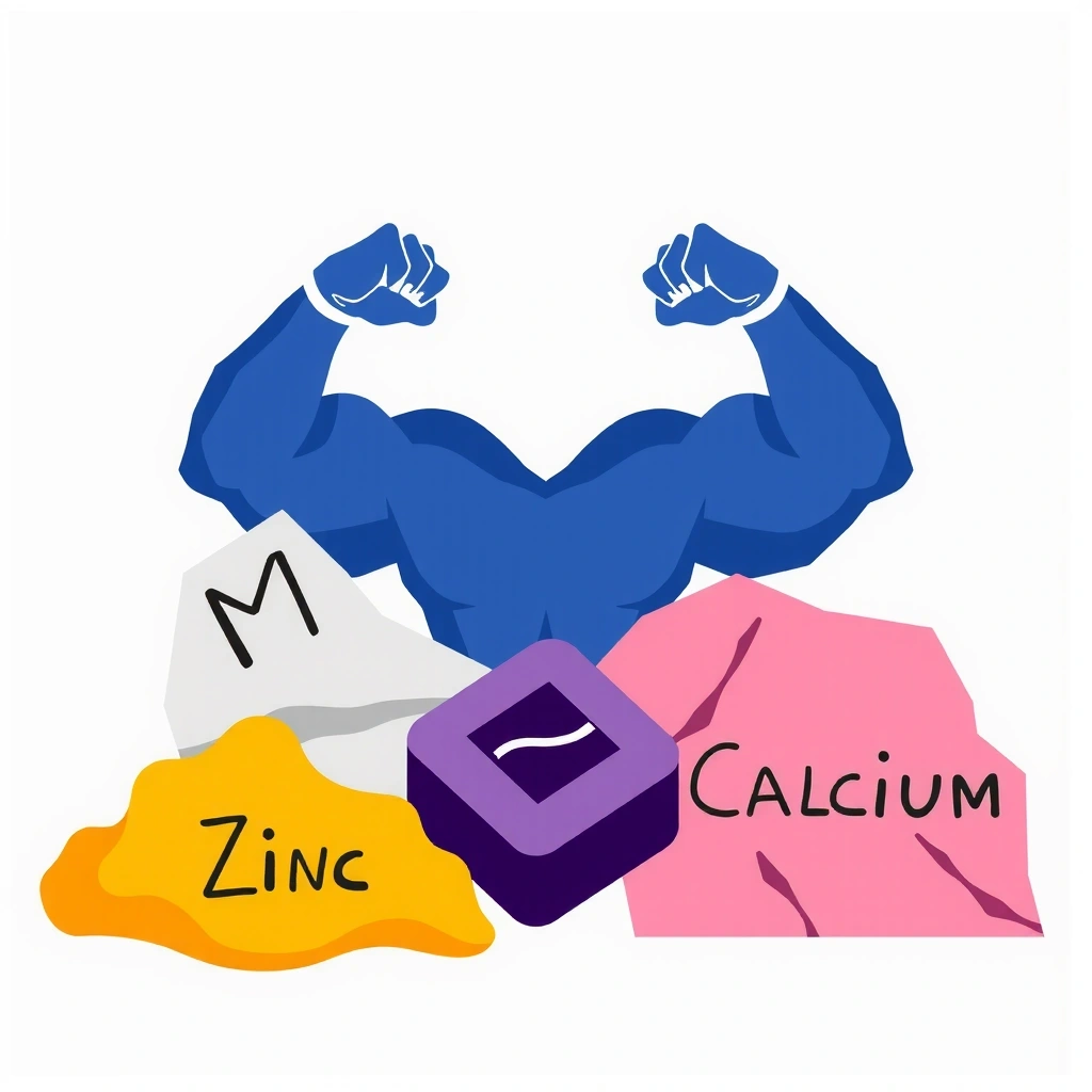Illustration de divers minéraux comme le zinc, le magnésium et le calcium, symbolisant la force et la santé.
