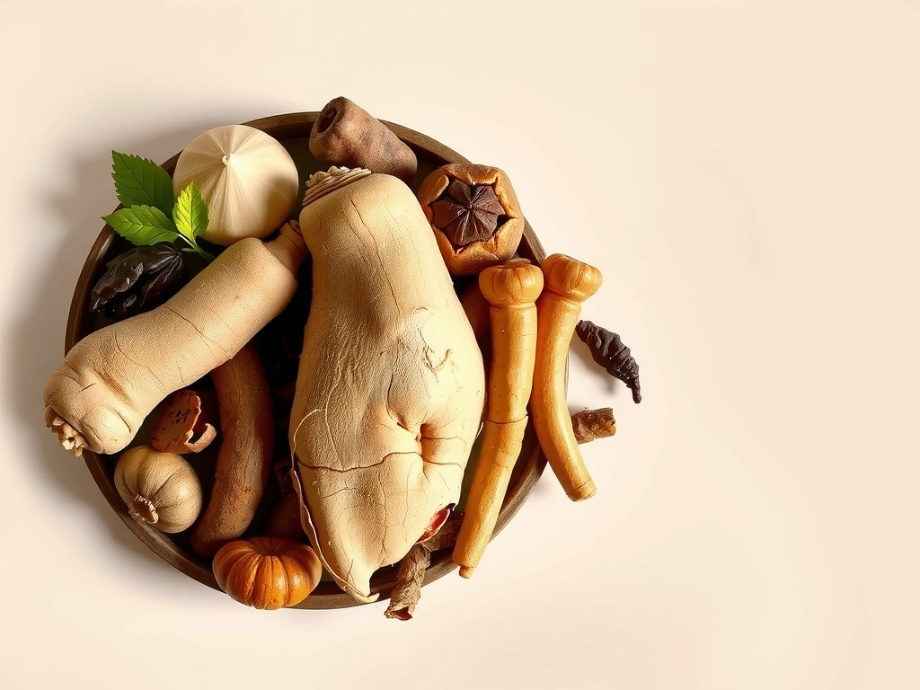 Diverses plantes et racines adaptogènes, terreuses et naturelles sur un fond doux.