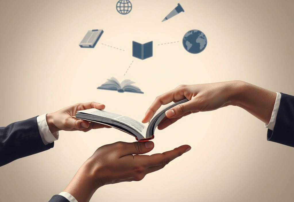 Illustration d'une main tendant un livre ouvert à une autre main, symbolisant le partage de la connaissance et l'accessibilité à l'information