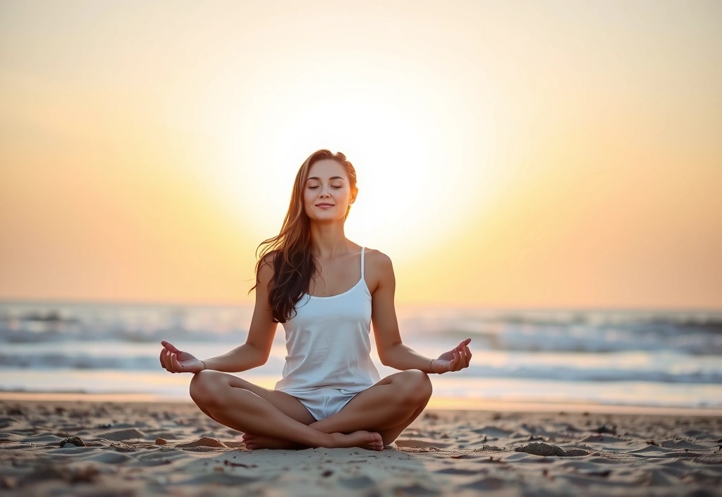 Une femme méditant sur une plage au lever du soleil, symbolisant la paix intérieure et le bien-être.