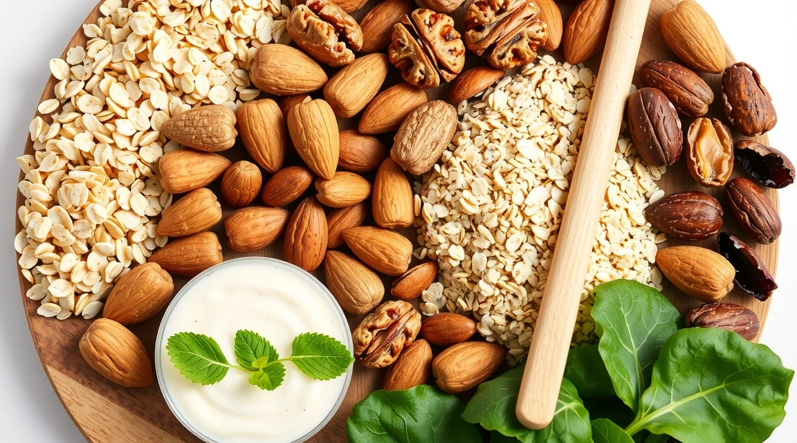 Assortiment de céréales complètes, noix et légumes verts, sources riches en vitamines B