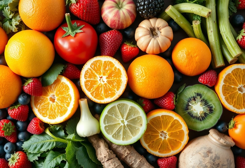 Assortiment coloré de fruits et légumes frais riches en vitamines naturelles